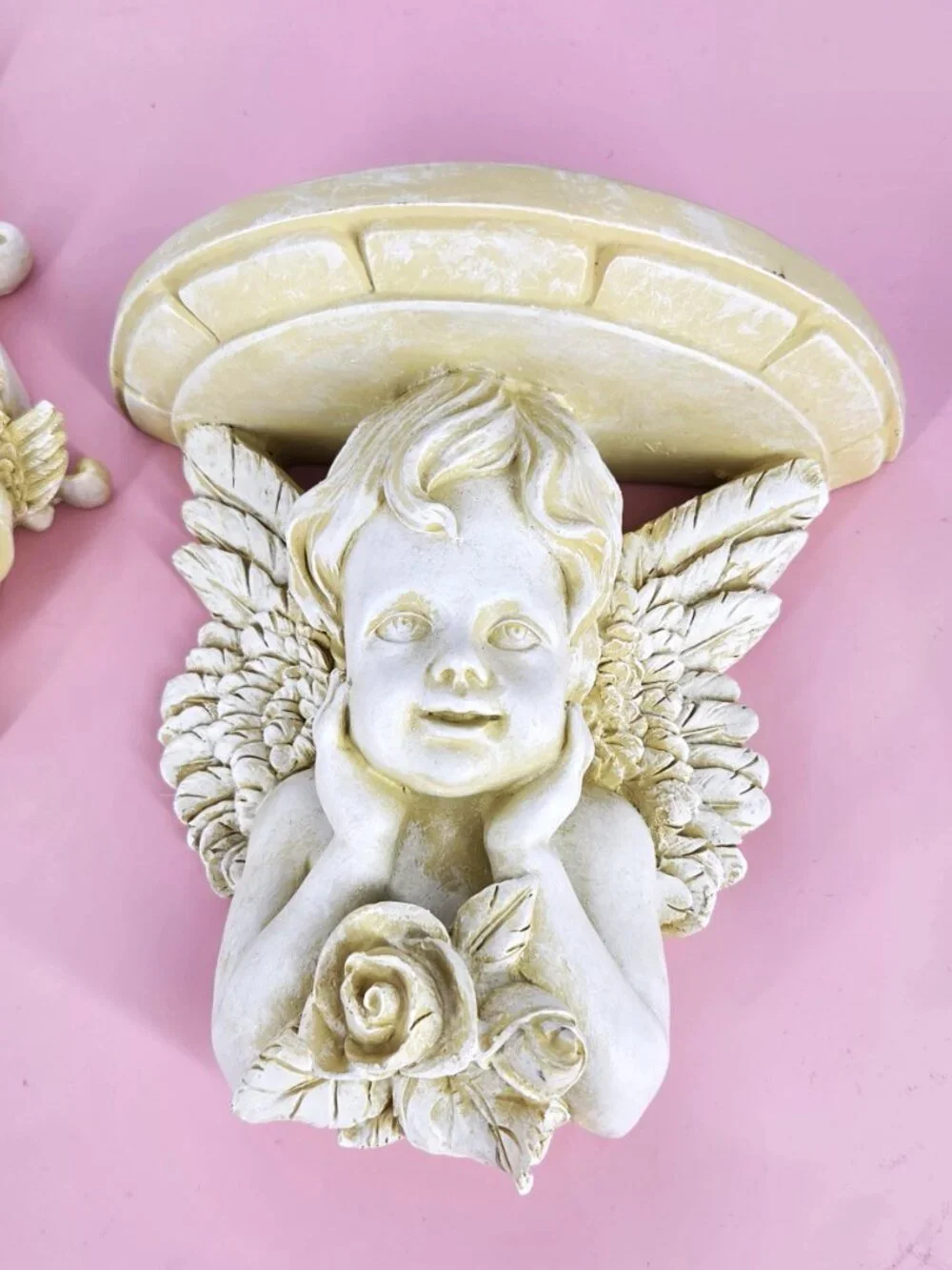 Set 3 Cherub Baroque Wall Shelves Oval Angelic Mirror Romantic Shabby VTG White